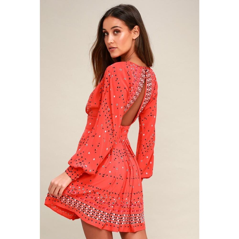 New Free People Coryn Boho Mini Dress Red Combo Size 2 Long Sleeve